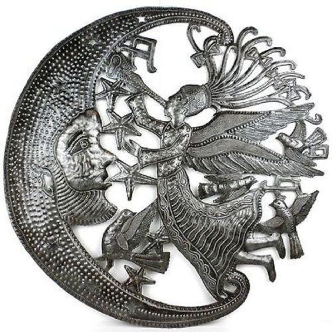 Modern 24 Inch Round Angel and Moon Metal Wall Art Handcrafted Painted Indoor Outdoor Decor